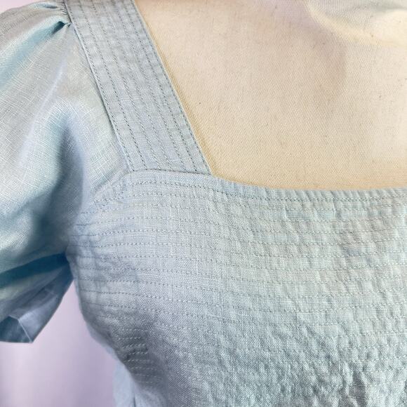 Madewell Square Neck Mini Dress 100% Linen Women sz 4 Blue Smocked Open Back - Picture 10 of 13